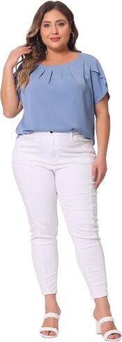 Agnes Orinda Plus Size Tops for Women Work Office Round Neck Pleated Top Tulip Sleeves Blouse 2023 in Saudi Arabia