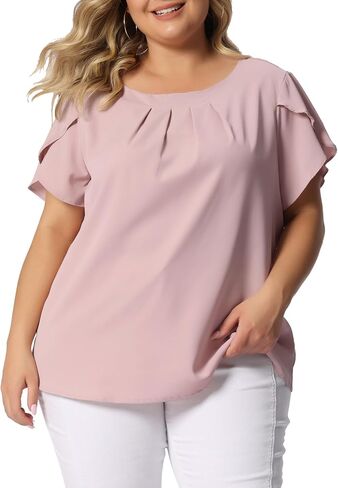 Agnes Orinda Plus Size Tops for Women Work Office Round Neck Pleated Top Tulip Sleeves Blouse 2023 in Saudi Arabia