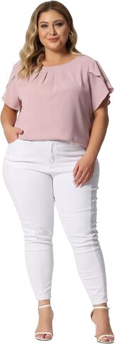 Agnes Orinda Plus Size Tops for Women Work Office Round Neck Pleated Top Tulip Sleeves Blouse 2023 in Saudi Arabia