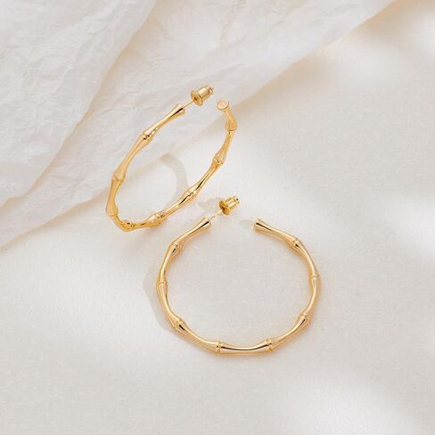 هيسويل اقراط حلقية ذهبية رفيعة للنساء، اقراط حلقية ذهبية من الخيزران للنساء، هدية مجوهرات بسيطة in Kuwait