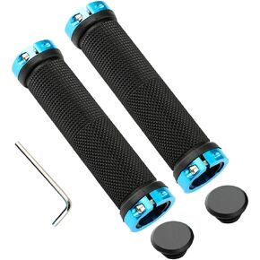FULARR Upgrade Non-Slip Rubber Bicycle Handlebar Grips, Double Aluminum Lock on Locking Bicycle Handlebar Grips. Bicycle Handle Protector, Fits for 22mm Handlebar Bikes –– Blue Aluminum Ring