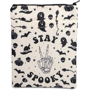 Stay Spooky Book Sleeve غلاف الكتاب الموسمي المخيف هدية حفلة الهالوين الرعب الهيكل العظمي الخفافيش اليقطين سستة الحقيبة للكتب (StaySpookyBS)