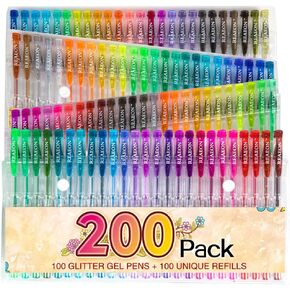 200 Glitter Gel Pen Set, 100 Gel Pens plus 100 Refills Glitter Neon Pen for Coloring Books, Craft Doodling Drawing Bullet Journal Highlighter