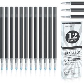 Vanstek 12 Black Erasable Gel Pen Refills, Gel Ink Refills Compatible with FriXion & Friction Erasable Pens, Fine Point 0.7 mm, Perfect for Writing Planner & Crossword Puzzles