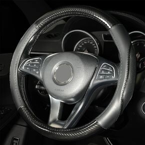 High End Genuine Leather Carbon Fiber Look 14.5-15 Inch Steering Wheel Cover for Cars and SUVs, Breathable, Perforated, Anti-Slippery