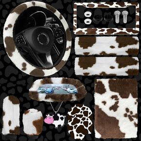 JINGSEN11 Pieces Fluffy Car Accessories Set,Fluffy Cow Print Plush Steering Wheel Covers for Women Soft Fleece Handbrake Cover Shift Cover Car Trim Warm Non-Slip Car Decoration (Black)