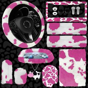 JINGSEN11 Pieces Fluffy Car Accessories Set,Fluffy Cow Print Plush Steering Wheel Covers for Women Soft Fleece Handbrake Cover Shift Cover Car Trim Warm Non-Slip Car Decoration (Black)