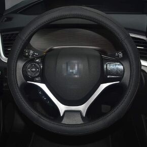 QianBao Genuine Leather Car Steering Wheel Cover Black for 13.5 to 14.2 inches Steering Wheels, Sweat Absorbent (Black/Black)