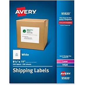 Avery Full Sheet Printable Shipping Labels, 8.5" x 11", White, 250 Blank Mailing Labels, Great for Packages, Product Labels, Organization, and More (95920)