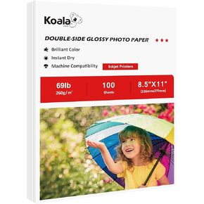 ورق صور سميك من Koala مقاس 8.5 × 11 بوصة ثقيل الوزن مزدوج الجوانب عالي اللمعان 100 ورقة 260 جرامًا للمتر المربع متوافق فقط مع الطابعة النافثة للحبر