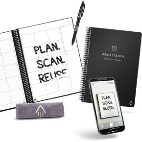 مخطط يومي ذكي قابل لإعادة الاستخدام من Rocketbook. الأسبوع، الشهر، السنوي، قائمة المهام، قوالب الأهداف. صفحات دفتر اليومية والمفكرة. منظم غير مؤرخ، مقاس تنفيذي 6 × 8.8 بوصة مع قلم وقماش، أسود in Kuwait