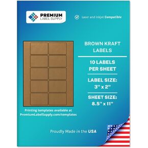 Premium Label Supply Brown Kraft Sticker Labels – 3" x 2" – Laser/Inkjet Compatible – (10 per Sheet), 25 Sheets – 250 Total Adhesive Labels