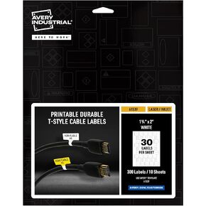 Avery Cable Labels, T-Style Self-Adhesive Cord Labels, 1.25" x 2", Tear-Resistant and Waterproof Wire Labels, Laser/Inkjet and Handwrite-Compatible, 300 Wire Marking Labels Total (61539)