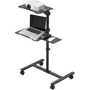 Swivel Tilt Laptop Desk, Height Adjustable Portable and Rolling Desk with Both Foot Pads and Wheels, Mobile Computer Cart with Mouse Pad for Home, Office,Workshops(Double Trays)