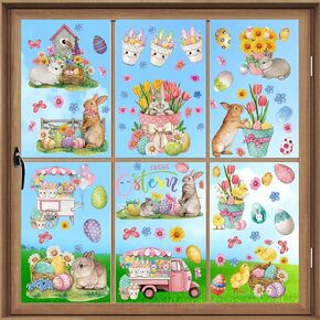AhfuLife Easter Window Cling 67 Pcs, 9 Sheets Larger Easter Bunny Window Stickers, Happy Easter Sign Easter Eggs Spring Window Cling for Home, Office, School Party Decoration Supplies