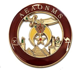 Shriner AEAONMS Round Masonic Auto Emblem - [Raspberry & Gold][3'' Diameter]
