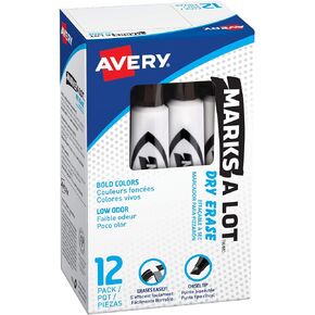 علامات AVERY Marks A Lot للمسح الجاف، أقلام تحديد بيضاء منخفضة الرائحة مع طرف إزميل، 12 أسود (24408) (عبوة من قطعتين)