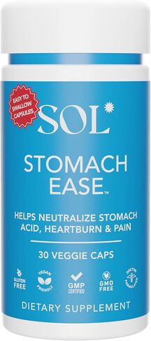 Stomach Ease Supplement with Turmeric - Neutralizes Stomach Acid, Aids Digestion, Eases Heartburn - Optimal Digestive Stomach Ache Relief, 30 Easy to Swallow Capsules, SOL Nutrition in Saudi Arabia