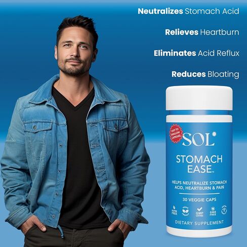 Stomach Ease Supplement with Turmeric - Neutralizes Stomach Acid, Aids Digestion, Eases Heartburn - Optimal Digestive Stomach Ache Relief, 30 Easy to Swallow Capsules, SOL Nutrition in Saudi Arabia