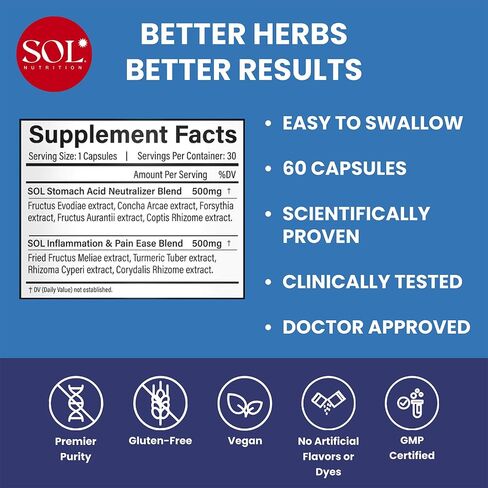 Stomach Ease Supplement with Turmeric - Neutralizes Stomach Acid, Aids Digestion, Eases Heartburn - Optimal Digestive Stomach Ache Relief, 30 Easy to Swallow Capsules, SOL Nutrition in Saudi Arabia