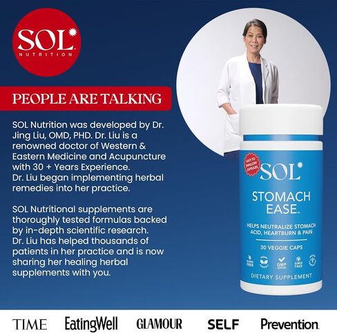 Stomach Ease Supplement with Turmeric - Neutralizes Stomach Acid, Aids Digestion, Eases Heartburn - Optimal Digestive Stomach Ache Relief, 30 Easy to Swallow Capsules, SOL Nutrition in Saudi Arabia