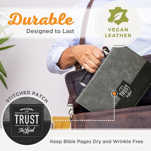 Christian Art Gifts Protective Charcoal Gray and Black Faux Leather Classic Bible Cover for Men: Trust in the Lord - Proverbs 3:5 Inspirational Bible Verse Carry Case with Handle Zippered, Large in Saudi Arabia