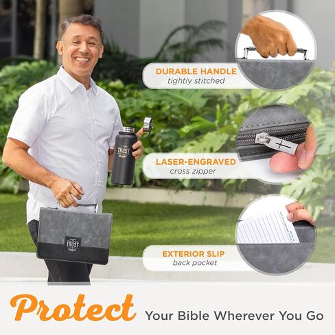 Christian Art Gifts Protective Charcoal Gray and Black Faux Leather Classic Bible Cover for Men: Trust in the Lord - Proverbs 3:5 Inspirational Bible Verse Carry Case with Handle Zippered, Large in Saudi Arabia