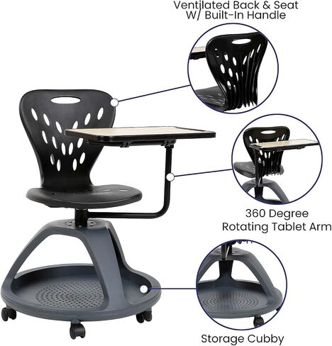 كرسي مكتب محمول من Flash Furniture Laikyn باللون الأسود مع دوران للكمبيوتر اللوحي 360 درجة وحجرة تخزين تحت المقعد in Saudi Arabia