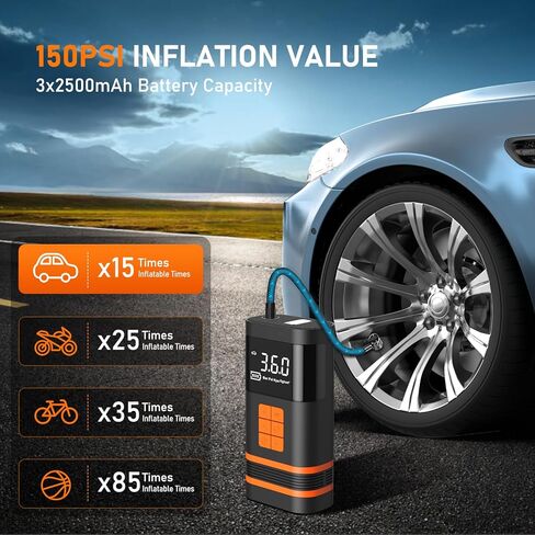 TURBO SII Jump Starter with Air Compressor,150 PSI Electric Air Pump for Car,4X Fast Inflation Tire Pump for car,Cordless Portable Tire Inflator with Digital Pressure Gauge for Car/Motor/Bike/Ball in Kuwait
