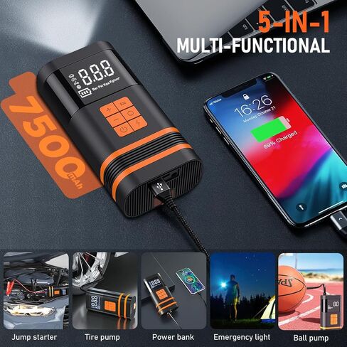 TURBO SII Jump Starter with Air Compressor,150 PSI Electric Air Pump for Car,4X Fast Inflation Tire Pump for car,Cordless Portable Tire Inflator with Digital Pressure Gauge for Car/Motor/Bike/Ball in Kuwait