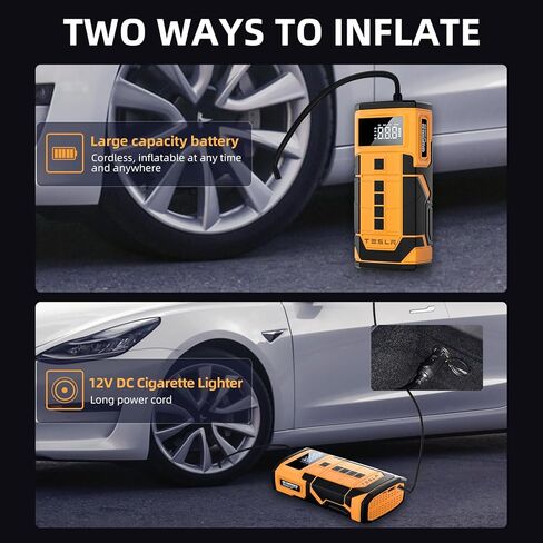منفاخ إطارات تيسلا محمول، ملحقات تيسلا موديل 3 Y S X، مضخة إطارات تيسلا مع 2 في 1 150 رطل لكل بوصة مربعة لاسلكية 12 فولت تيار مستمر مصباح LED للسيارة والدراجات والبالونات in Kuwait