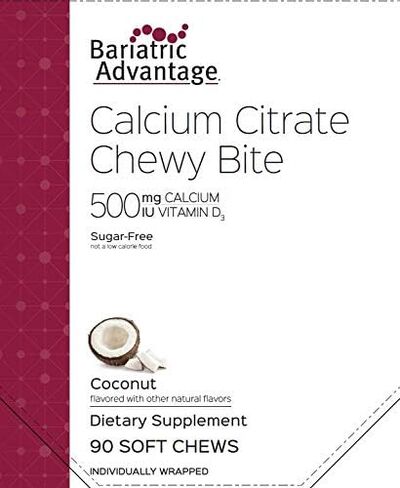 ميزة علاج السمنة - لدغات سيترات الكالسيوم القابلة للمضغ 500 ملغ - لمرضى جراحة السمنة - فيتامين د 3 - مكملات الكالسيوم القابلة للمضغ خالية من السكر - مضغ الكالسيوم لعلاج السمنة - نكهة جوز الهند - 90 قطعة in Kuwait