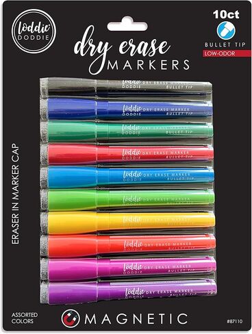 10 أقلام تلوين مغناطيسية للمسح الجاف من Loddie Doddie مع أغطية ممحاة، 10 ألوان ساطعة وجريئة فريدة من نوعها، نقطة متوسطة، رائحة منخفضة، غير سامة in Kuwait