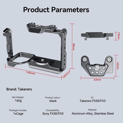 قفص كاميرا مصنوع من سبائك الألومنيوم متوافق مع Sony FX3/FX30 مع حامل الحذاء البارد وسكة الناتو 1/4"-20 3/8"-16 خيط in Kuwait