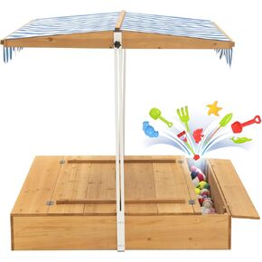 Kids Wooden Sandbox with Adjustable Canopy, Sand Box with Foldable Bench Seats for Aged 3-8 Years Old, Outdoor Sand Pit for Backyard Garden.