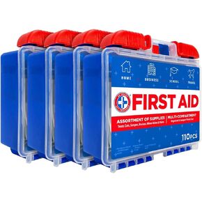 Be Smart Get Prepared 110 pc First Aid Kit (4 Pack): Clean, Treat, Protect Minor Cuts, Home, Office, Car, School, Business, Travel, Emergency, Outdoor, Camping & Sports, FSA/HSA (Packaging May Vary)