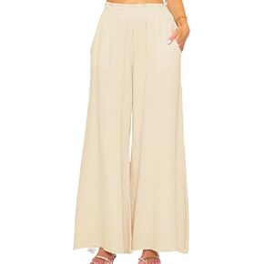 R.Vivimos Women's Cotton Palazzo Pants Casual Elastic High Waisted Loose Flowy Wide Leg Long Trousers Pants with Pockets