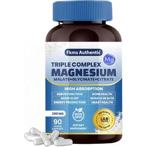 Triple Magnesium Complex Supplement 300mg | 3 in 1, Magnesium Glycinate, Malate, and Citrate | Vegan, Non-GMO | High Absorption | 90 Capsules