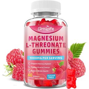 Magnesium L-Threonate Gummies 1000MG, Magnesium Threonate Supplement for Kids & Adults, Muscle & Nervous System Support, Sugar-Free, Raspberry Flavor, 60 Count