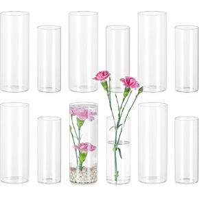 Glasseam Glass Cylinder Vase in Bulk: 12pcs Clear Small Bud Flower Vases for Centerpieces - Modern Hurricane Pillar or Floating Candle Holder for Wedding Party Table Living Room Home Decor