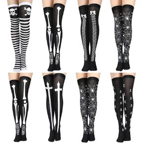 Geyoga 8 Pairs Thigh High Stockings for Women Skeleton Spooky Socks Over Knee Long Socks for Halloween Cosplay