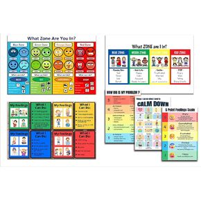 Zones of Regulation Emotions Chart for Kids - 6 Pack Educational Posters with Calm Down Corner Tools, Emotional Regulation Toolkit for Classroom & Home Use, 8x12 Inch Feelings Learning Materials