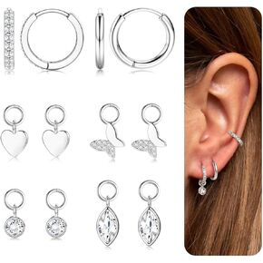 Florideco 14K Gold Plated Huggie Earrings and Charm Set for Women,Hypoallergenic Hoop Dangle Earrings,Mix and Match Earring Pack,Dainty Huggie Hoop Earrings for Multiple Piercing