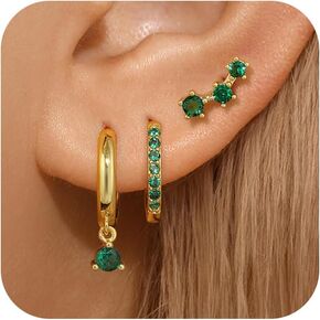 أقراط لذيذ للنساء ، الذهب | الفضة الزمرد الأخضر | مجموعة الأقراط اللامعة CZ Hoop Stud ، 14K الذهب مطلي بالمعدلات الخفيفة الخفيفة لا تشوه لا الرصاص والنيكل