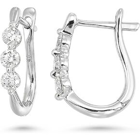 Diamond Delight 1/2 Carat Real Natural Diamond Huggie Hoop Earrings for Women - 14k White Gold Earrings for Her with Elegant Trilogy Design (F, VS1, 0.50 cttw) Secure Hinged Hoops