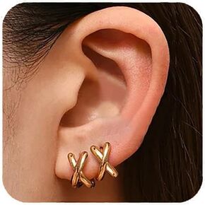 Gold X Shaped Hoop Earrings for Women, Minimalist Small Huggie Hoop Earrings for Women
