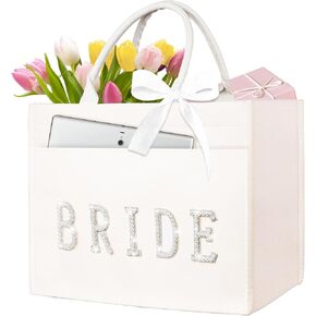 Edussy Bride Tote Bag - Off White Bachelorette Gift For Bridal With Pearl Bride Letter For Bridal Shower Natural Canvas Color