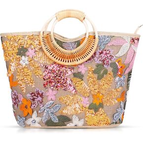 Tote Bag for Women, Beach Bag, Sequin Embroidery Straw Bag, Hand-Woven Rounded Bamboo Handle, Bohemian Handbag Large Capacity Shoulder Bag Suitable for Travel Daily(Orange)