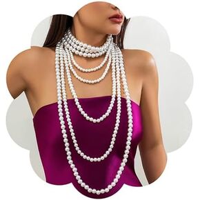 Jumwrit Vintage 8 Tier Pearl Choker Necklace Dainty Chunky Chain Multi Strand Big Round Pearl Beaded Necklace Boho Layered Party Long Necklace Statement 1920s Flapper Accessories for Women