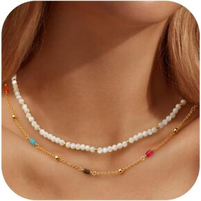 Dainty Choker Necklace for Women 14K Gold Plated Handmade Natural Mother of Pearl Necklace Chain Set for Women Jewelry Gifts